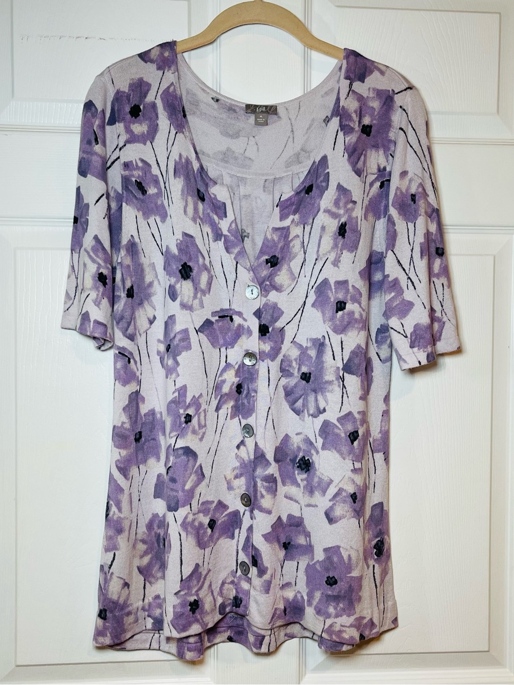 J. Jill Silk Cotton Blend Purple Floral Knit Cardigan Sweater Short Sleeve Size